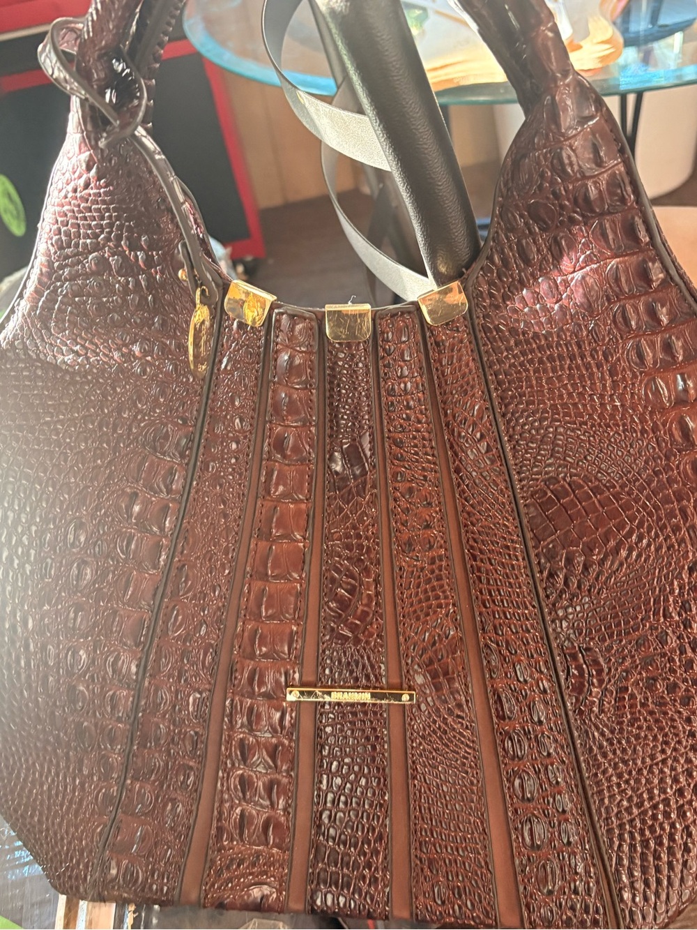 Brahmin Brown Croc-Embossed Satchel with Gold Hardware